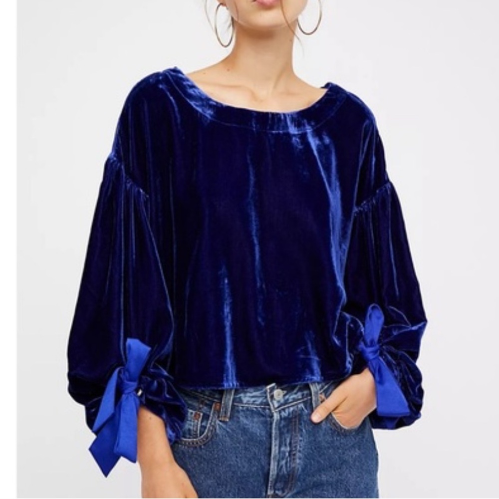Velvet Bow-Sleeve Women's Top in Royal Blue